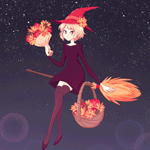 Аватар Ведьмочка с букетом в руке и корзинкой с цветами на метле парит в ночном небе