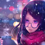 99px.ru аватар Девочка в очках с кружкой горячего кофе в руках стоит под падающим снегом, by art Ezekuroе