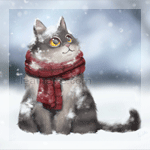 99px.ru аватар Серый кот в бордовом шарфе под падающим снегом, by leamatte