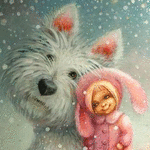 99px.ru аватар Девочка в костюме зайчика рядом с собакой под падающим снегом