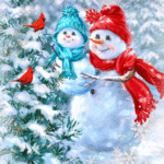 99px.ru аватар Снеговик стоит перед елкой с птичками