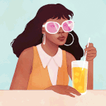 99px.ru аватар Девушка в очках сидит за столом мешая трубочкой напиток в стакане