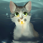 99px.ru аватар Зеленоглазый серый кот с золотой рыбкой в пасти в воде, by Mizu-no-Akira