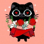 99px.ru аватар Черный котенок с букетом цветов и сердечками в глазах на розовом фоне