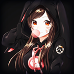 Аватар D. Va / Дива / Хана Сон / Hana Song из игры Дозор / Overwatch в черной худи с кроличьими ушками на капюшоне надувает пузырь из жвачки