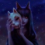 99px.ru аватар Kitsune / Кицунэ - лисица-оборотень с горящим красным глазом и маской на фоне звездного неба в ночи