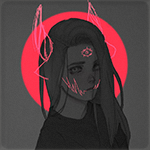 Аватар Девушка с подрисованными демоническими рогами и третьим глазом во лбу, с алым нимбом, на сером фоне