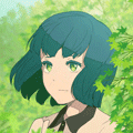 99px.ru аватар Зеленоглазая девушка с зелеными развивающимися волосами на фоне листьев