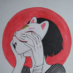 Аватар Девушка с маской Кицунэ / Kitsune на лице, на фоне красного круга, символизирующего восходящее солнце на японском флаге