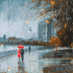 99px.ru аватар Парочка прогуливается с красным зонтом под дождем и листопадом по городскому парку у пруда