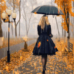 99px.ru аватар Девушка с зонтом прогуливается под дождем и листопадом по городскому парку