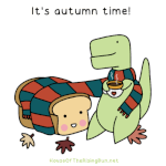 99px.ru аватар Маленький зеленый динозавр с чашкой горячего чая и хлебушек в шарфе (Its autumn time! / Это осень!)