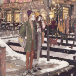 99px.ru аватар Парень с девушкой стоят под зонтом на тротуаре, art by Mochiipanko