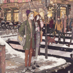 Аватар Парень с девушкой стоят под зонтом на тротуаре, art by Mochiipanko