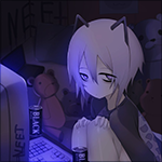 Аватар Хикки-тян в ободке с нэко-ушками сидит за компьютером (NEET)