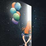 99px.ru аватар Девушка с воздушными шарами стоит у открытой двери, by Maoi