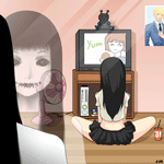 99px.ru аватар Черноволосая девушка с черными глазами в белом платье, с зашитым ртом наблюдает за девушкой смотрящей телевизор, by Khalitzburg