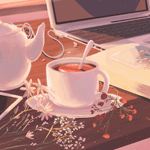 99px.ru аватар Чашка горячего чая, заварочный чайник, цветы, открытая книга и ноутбук на столе