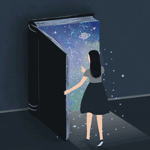 99px.ru аватар Девушка стоит перед огромной открытой книгой, на странице которой космос
