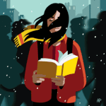 Аватар Девушка в красной куртке стоит с желтой книгой в руках под снегопадом