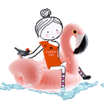99px.ru аватар Нарисованная девушка и птица плывут по воде, сидя на надувном розовом фламинго