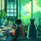 99px.ru аватар Мальчик сидит перед вентилятором и рядом с ним кошка смотрит в окно на дождь