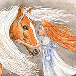 99px.ru аватар Рыжеволосая девочка стоит перед белогривой лошадью