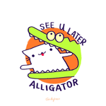 99px.ru аватар Белый котик машет лапкой в пасти крокодила внутри оранжевого кружка (see u later alligator), by Cindy Suen