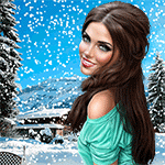 99px.ru аватар Девушка с темными длинными волосами, в зеленой кофточке, на фоне падающего снега, домика и елок