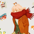 99px.ru аватар Девочка с птичкой на голове в шарфе в окружении различных предметов