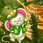 99px.ru аватар Белая мышь в зеленой шляпе и зеленом пиджаке на фоне новогоднего шара на елке