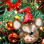 99px.ru аватар Крысенок в красном колпаке на фоне ветки ели с новогодними шарами
