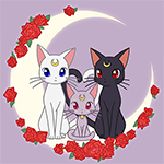 99px.ru аватар Кошки Луна, Артемис и Диана из аниме Сэйлор Мун / Sailor Moon сидят на белом полумесяце, украшенном красными розами