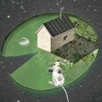 99px.ru аватар Мышка сидит на листе с домиком в окружении воды, by Nancy Liang