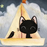 Аватар Черный котик с птичкой на бумажном кораблике