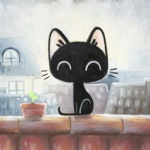 99px.ru аватар Черный котик сидит рядом с веточным горшком