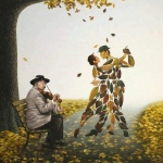 Аватар Старик играет на скрипке, сидя на городской лавочке у осеннего дерева и осыпавшиеся листья -парень с девушкой кружат под его музыку