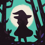 99px.ru аватар Ведьмочка в шляпе стоит в лесу на фоне полной луны, автор Alexandra Erkaeva