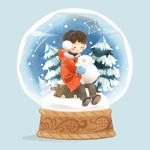 99px.ru аватар Мальчик держит на руках белого медвежонка, сидя на пне внутри снежного шара