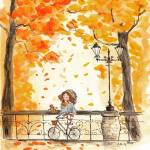 Аватар Девочка сидит на заборе рядом с велосипедом под листопадом