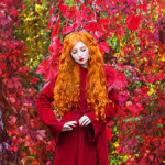 Аватар Рыжеволосая модель Lilith Ardath в ярко малиновом пальто стоит на фоне осенней листвы