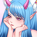 99px.ru аватар Девушка с длинными голубыми волосами, с розовыми рожками и звериными ушками среди сердец