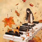 99px.ru аватар Девочка со щенком на клавишах пианино под падающей листвой