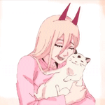99px.ru аватар Девушка с длинными розовыми волосами и красными рожками трется щекой о котика, который лежит на руках