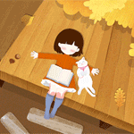Аватар Девочка, у которой на коленях лежит книга, и белая кошка дремлют на крыльце дома под падающими осенними листьями