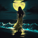 99px.ru аватар Девушка в длинном желтом платье, с длинными волосами, стоит у моря на фоне полной луны