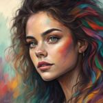 Аватар Портрет Королевы арт / Queen of Art с длинными вьющимися волосами, окрашенными в яркие цвета, и краской на щеке, она смотрит в сторону, на фоне размытых цветных мазков