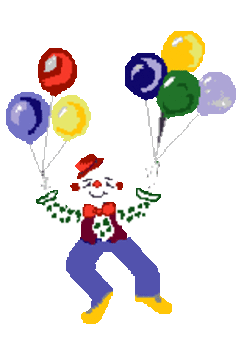 Рыжий клоун жонглирует белыми шарами. 