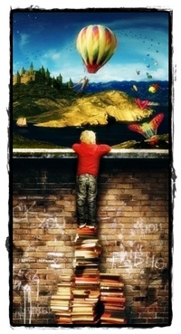99px.ru аватар Мальчик стоит на стопке книг и смотрит на воздушный шар