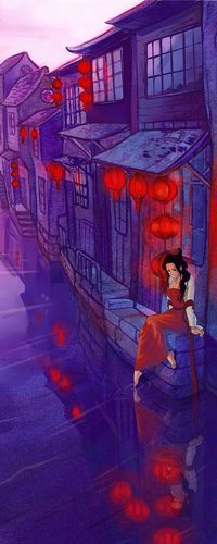 Аватар вконтакте Азиатская девушка в красном платье сидит у дома с красными фонарями, касаясь пальцами ноги воды